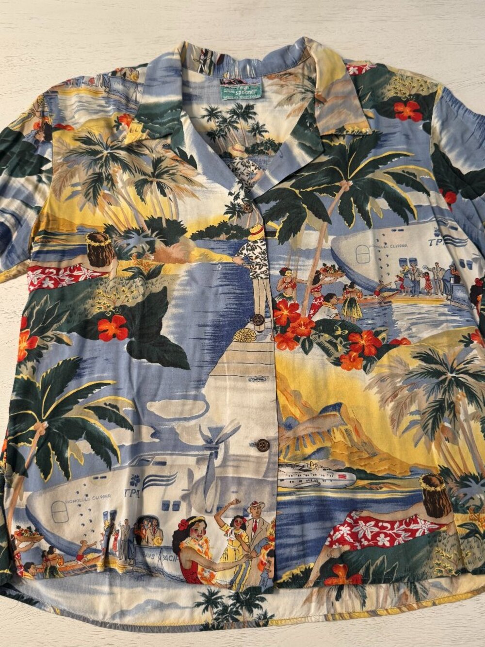 Vintage Reyn Spooner "Honolulu Clipper" shirt featuring Trans-Pacific Airplane